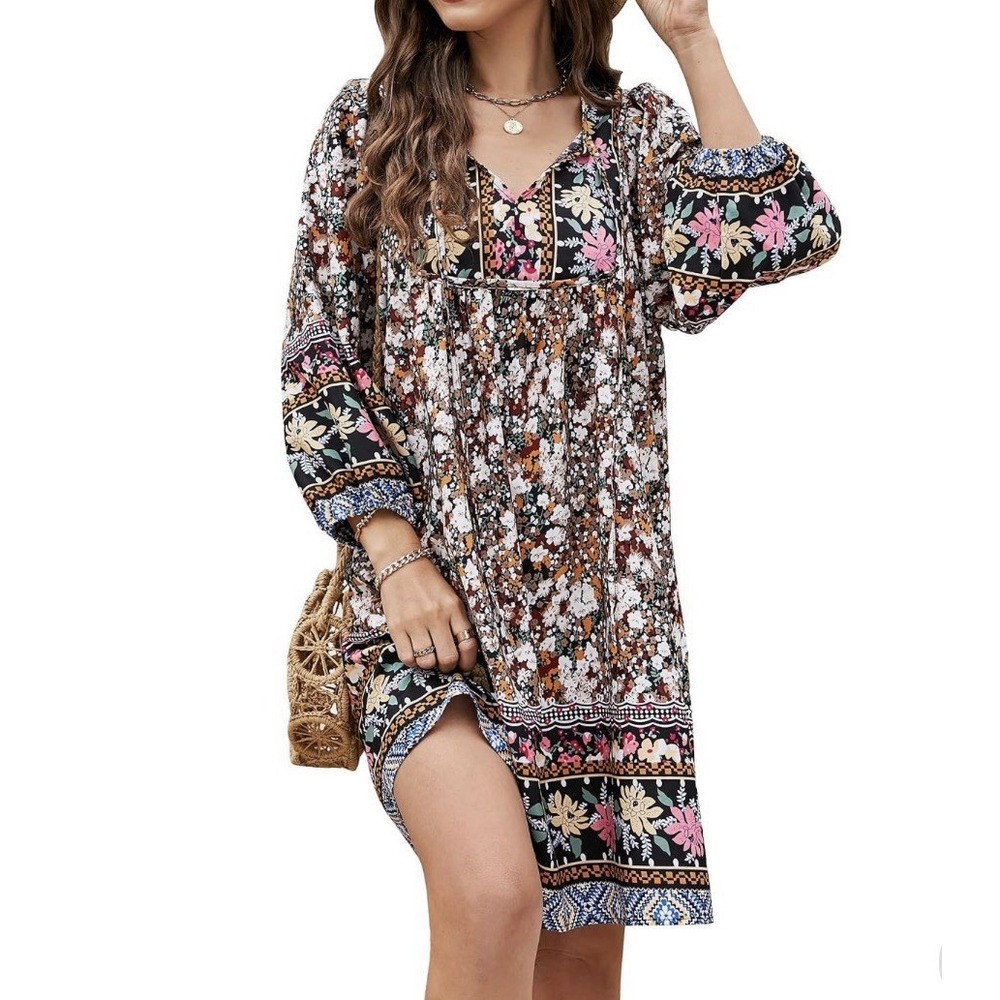 Bluetime Women's Boho 3/4 Sleeve Summer Babydoll Dress V-Neck Knee Length Large‎